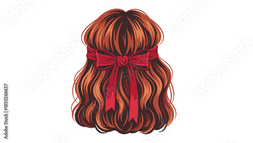 Back view of a woman's head showcasing beautiful long wavy red hair, elegantly tied with a decorative red ribbon bow.