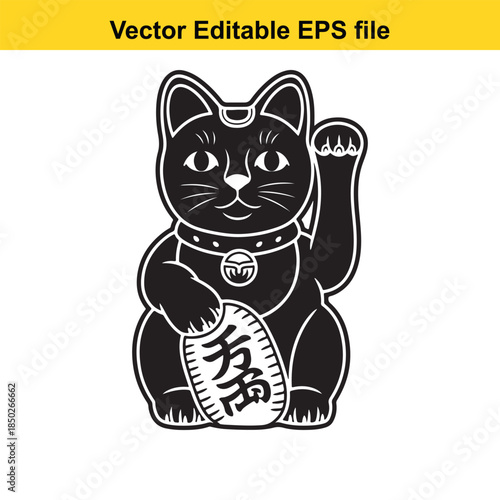  black and white line drawing of a smiling manekineko waving right paw isolated on white background