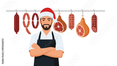 Smiling butcher wearing a festive Santa hat and apron, standing confidently with arms crossed in front of hanging sausages and hams.