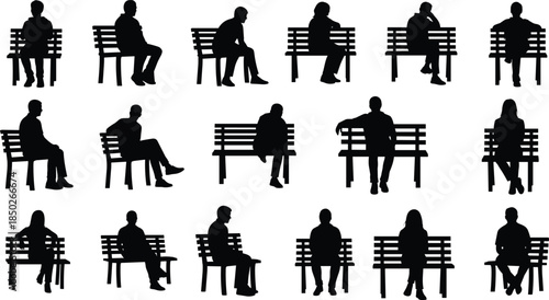 Large Collection of Sitting People Silhouettes on Benches, Representing Public Spaces, Urban Isolation, Community, and Diverse Human Interaction Concepts