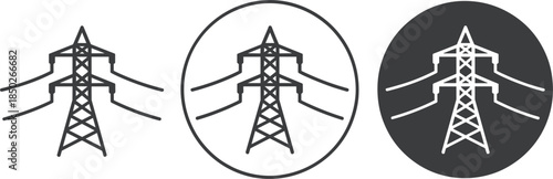 Three stylized icons of an electricity pylon with wires on a white background tower power
