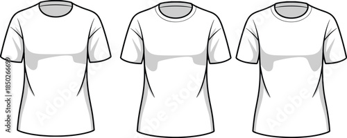 Three White T- Shirts with Short Sleeves and Crew Necks in a Row Keywords: t-shirt, shirt, clothing, apparel, garment, fashion
