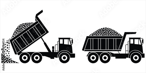 Two silhouette dump trucks, one unloading gravel on white background Keywords: dump truck, vehicle, construction, transportation