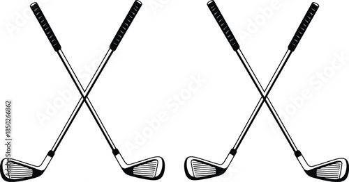 Two Pairs of Crossed Black Golf Clubs on White Background Keywords: golf, golf club, sports equipment, sport, recreation, game