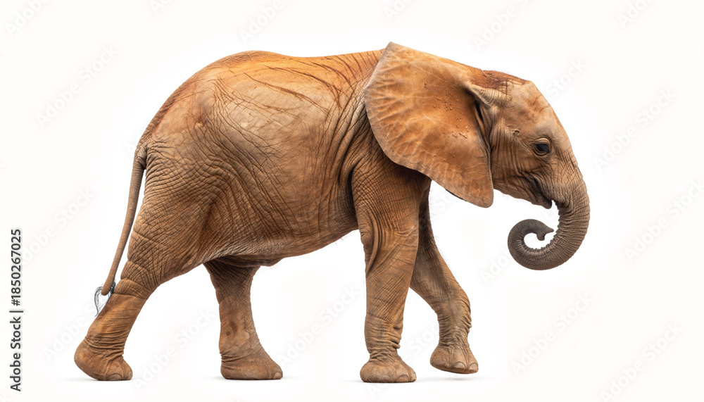 Fototapeta premium Young African Elephant Walking Gracefully on White Background