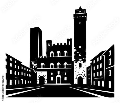 Old medieval italian town square with high towers silhouette illustration