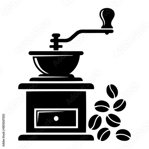 Vintage manual coffee grinder with beans silhouette vector
