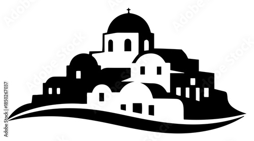 Mediterranean greek island village with domes on hill silhouette vector
