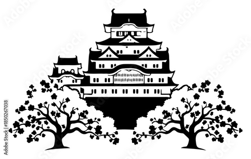 Traditional japanese castle silhouette with cherry blossom trees frame