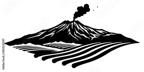 Active smoking volcano mountain with rolling fields landscape silhouette
