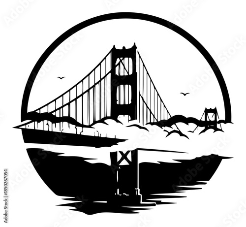 Golden Gate Bridge landmark in circular emblem silhouette design