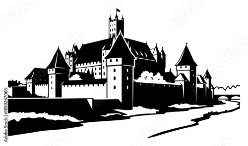 Large medieval fortress castle with towers and walls silhouette