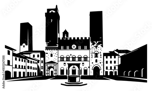 Medieval Italian town square with tall towers silhouette vector