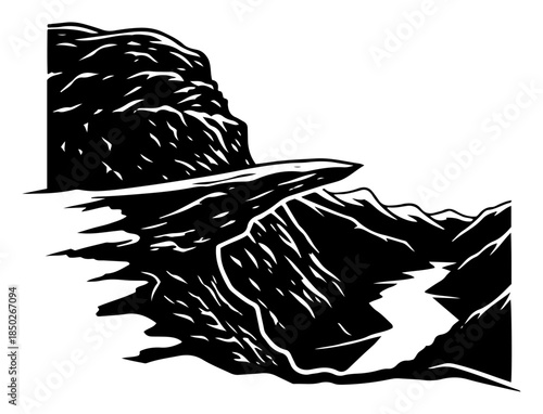 Scenic Trolltunga rock cliff formation over fjord silhouette illustration