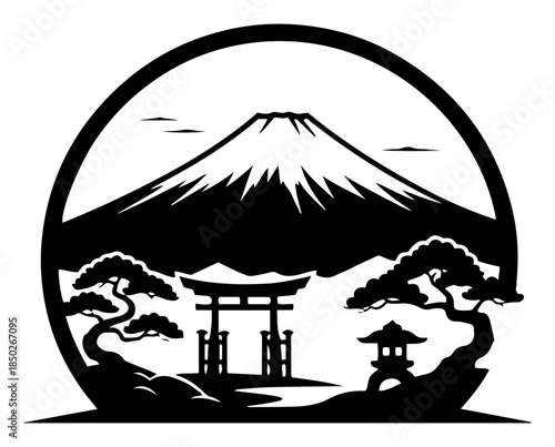 Mount Fuji and Torii gate landscape in circle silhouette design