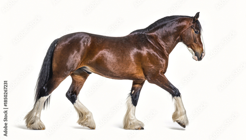 Obraz premium Graceful Bay Draft Horse Striding on White Background