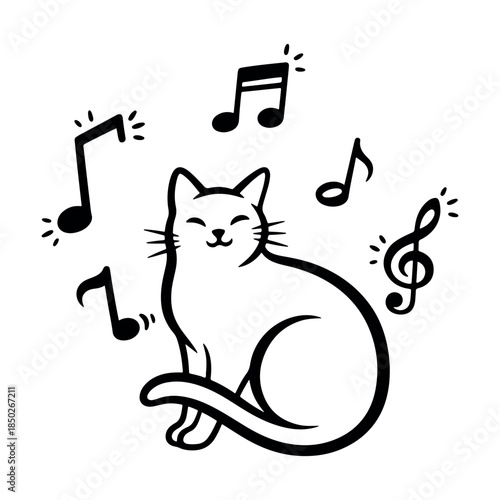 Happy cat with musical notes line art. Smiling kitten listening to music vector illustration.
