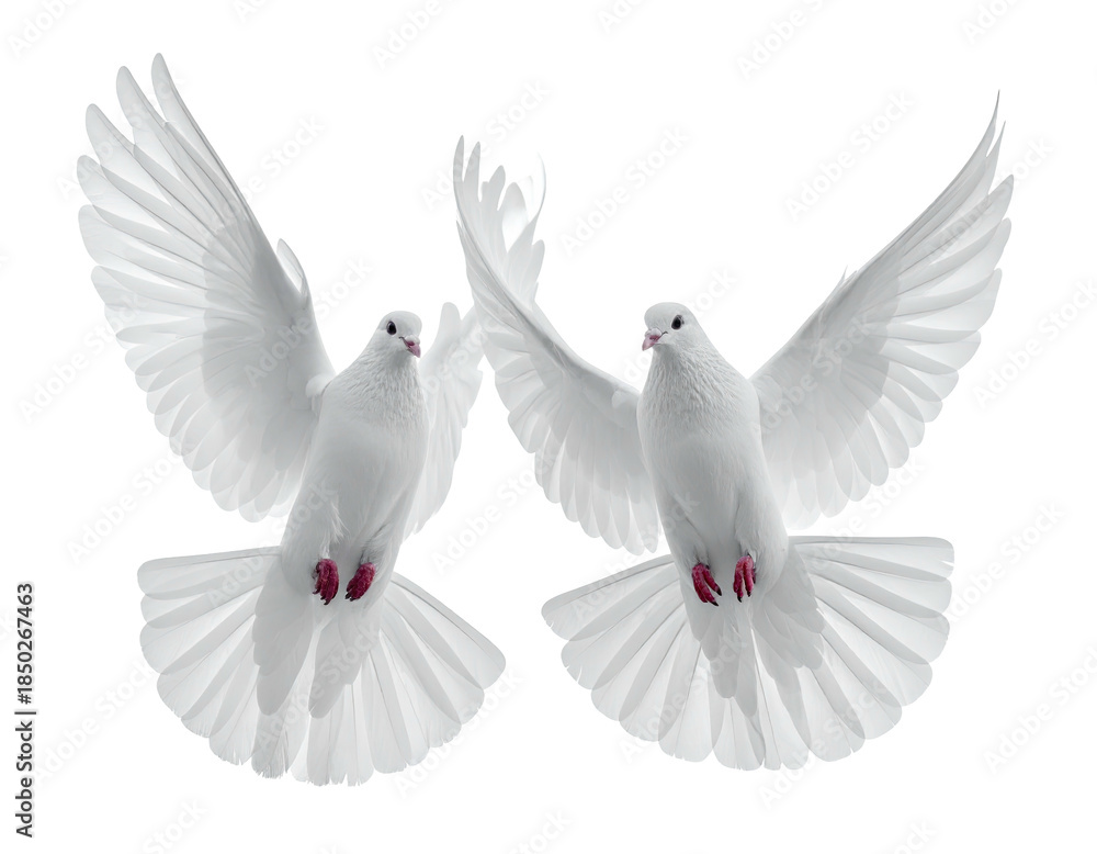 Fototapeta premium Two white birds with widespread wings, front view, isolated, with transparency