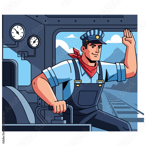 Locomotive engineer illustration in a train cab evoking vintage railway charm and nostalgia