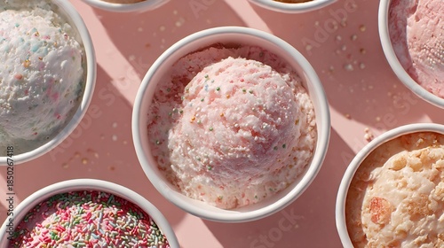 Colorful ice cream scoops in white cups arranged on a pink background, showcasing various flavors and toppings, creating a delightful dessert display for summer enjoyment