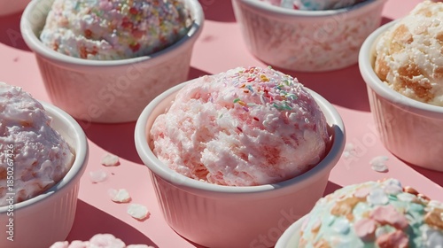 Colorful dessert bowls filled with fluffy ice cream topped with vibrant sprinkles, arranged on a pink surface, creating a delightful and inviting atmosphere for sweet treats