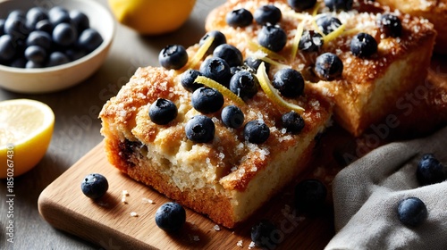 Freshly baked lemon blueberry cake on wooden board, garnished with blueberries and lemon zest, surrounded by fresh blueberries and lemon halves, showcasing delicious dessert presentation