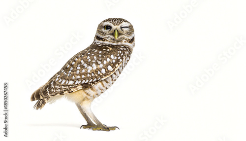 Photography Playful Burrowing Owl Winks on White Background