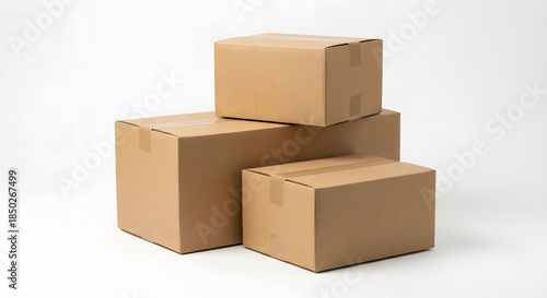 Three cardboard shipping boxes stacked on a white background © Sabbir