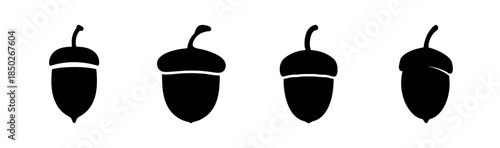 Four black acorn silhouettes with varying cap positions in a simple vector illustration style