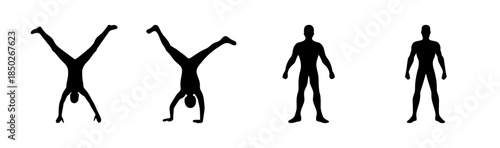 Silhouette illustration showing two figures in handstands and two standing straight up poses