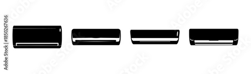 Four black rectangular objects with white stripes at the bottom on a white background scene