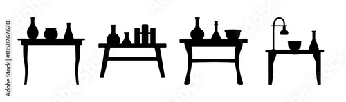 Silhouette of various bottles and vases arranged on small tables in a simple design style