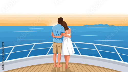 Romantic couple embracing on the deck of a luxurious cruise ship, watching a breathtaking sunset over the tranquil ocean waters, symbolizing vacation.