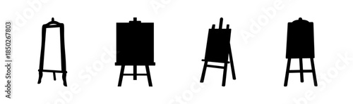 A series of four black silhouette illustrations of artist easels with different canvas shapes