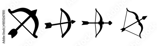 Illustration showing four different bows and arrows in black silhouette on a white background