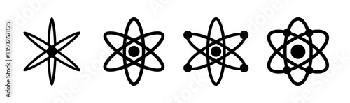A collection of four stylized atom icons in black and white showing varying levels of detail