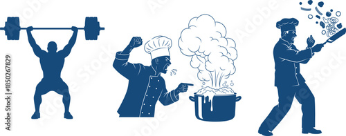 Silhouette of weightlifter, angry chef, and chef cooking on white background lifting barbell