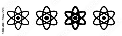Four stylized atom symbols arranged in a row with a symmetrical design in black and white color