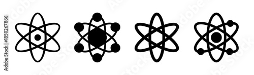 Four stylized atom illustrations with varying center designs in a row on white background