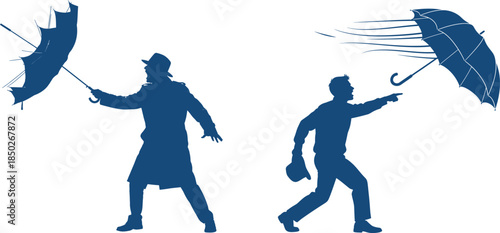 Silhouettes of men struggling with windblown umbrellas in coats trench coat holding