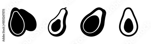 A minimalist monochrome illustration of four avocado halves in varying orientations and styles