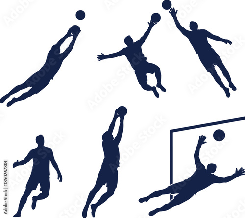 Soccer Goalkeeper Silhouettes Diving and Catching Ball Near Goal football goalie