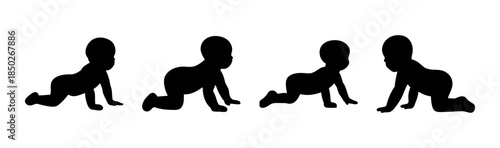 Silhouette illustration of four figures in a crawling position with elongated heads and limbs