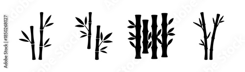 Illustration of four bamboo stalks with leaves in black and white minimalist design style