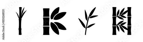 A black and white vector illustration of four bamboo stalks with varying leaf arrangements and styles