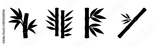 Illustration of four bamboo stalks with varying leaf arrangements in a black silhouette style