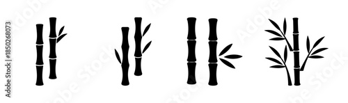Illustration of four bamboo stalks with varying leaf arrangements in black and white style