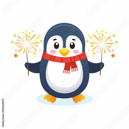 A cartoon penguin wearing a red scarf and holding sparklers in both flippers