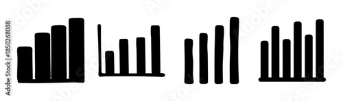 A black and white illustration of several vertical bars of varying heights unevenly spaced