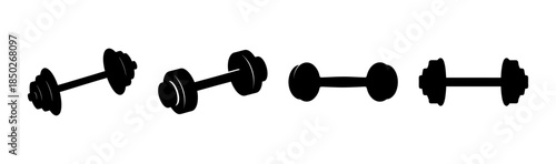 Silhouette image showing four dumbbells arranged in a row on a white isolated background